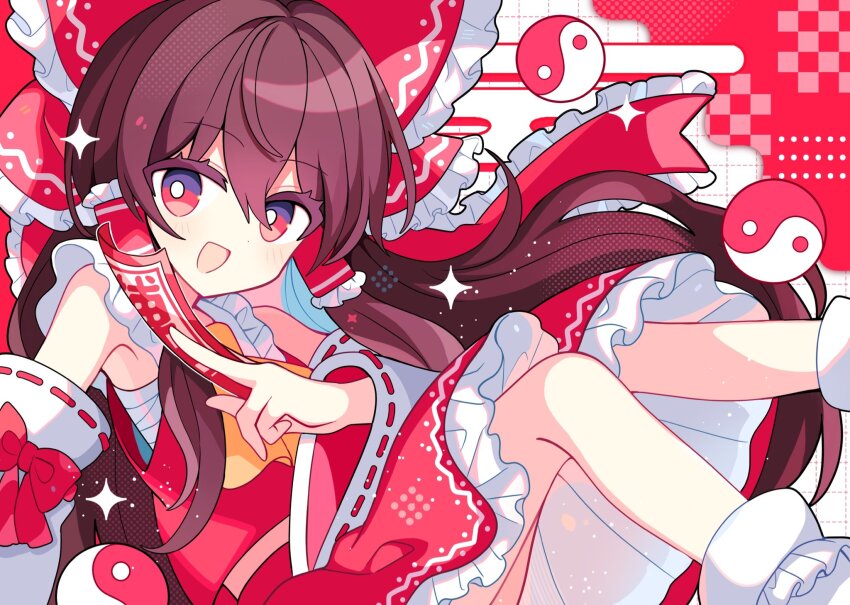 1girl :d ascot bare_shoulders between_fingers blush bow bright_pupils brown_hair commentary_request detached_sleeves dot_nose feet_out_of_frame frilled_bow frilled_hair_tubes frilled_skirt frills grid_background hair_bow hair_tubes hakurei_reimu highres holding long_hair looking_at_viewer ofuda ofuda_between_fingers open_mouth red_background red_bow red_eyes red_shirt red_skirt ribbon-trimmed_sleeves ribbon_trim shirocha_tei shirt sidelocks skirt skirt_set sleeveless sleeveless_shirt smile socks solo sparkle touhou white_pupils white_sleeves white_socks wide_sleeves yellow_ascot yin_yang