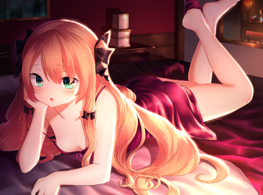 1girl ass bare_shoulders bed_sheet black_ribbon blanket blush breasts brown_hair candlestand chemise commentary_request crossed_ankles dark downblouse dress feet_out_of_frame female_focus food fruit glass green_eyes hair_ribbon hand_on_own_cheek hand_on_own_face highres indoors lantern long_hair looking_at_viewer lying neit_ni_sei on_bed on_stomach orange_(fruit) original parted_lips picture_frame pink_dress red_dress ribbon short_dress single_sock sleeveless small_breasts smile sock_dangle socks solo spaghetti_strap strap_slip two_side_up