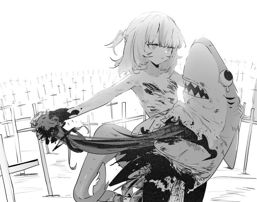 1girl absurdres blunt_bangs chainsaw_man closed_mouth commentary covered_erect_nipples ddari disembowelment dot_mouth dying expressionless feet_out_of_frame fins fish_tail flat_chest gawr_gura graveyard greyscale guro hair_ornament highres holding_organ hololive hololive_english intestines medium_hair monochrome nude organs outdoors parody scene_reference shark shark_girl shark_hair_ornament shark_tail standing tail takodachi_(ninomae_ina&#039;nis) tears two_side_up virtual_youtuber
