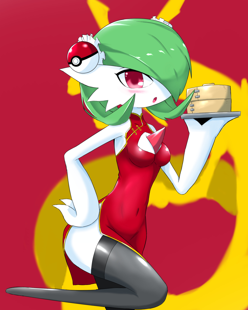 1girl absurdres bamboo_steamer black_thighhighs blush bob_cut breasts chinese_clothes cleavage_cutout clothing_cutout colored_skin dress gardevoir gen_3_pokemon green_hair hair_over_one_eye hand_on_own_hip highres holding holding_plate legendary_pokemon looking_at_viewer microdress nintendo pink_eyes plate poke_ball poke_ball_(basic) poke_ball_hair_ornament pokemon pokemon_(creature) rayquaza red_background red_dress side_slit thighhighs white_skin zerokun135