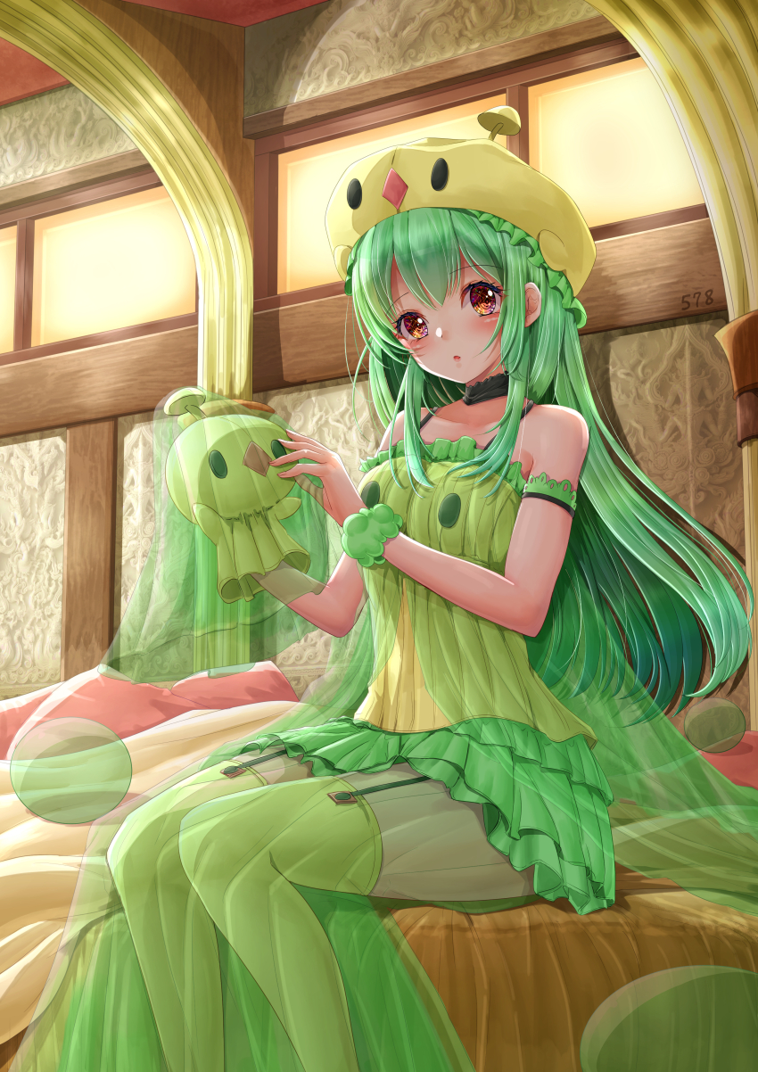 1girl absurdres dress duosion eyelashes garter_straps gen_5_pokemon green_dress green_hair green_scrunchie hand_puppet hat highres long_hair looking_at_viewer mob_cap nintendo parted_lips personification pokedex_number pokemon puppet scrunchie sitting solo thighhighs wrist_scrunchie yellow-star-light