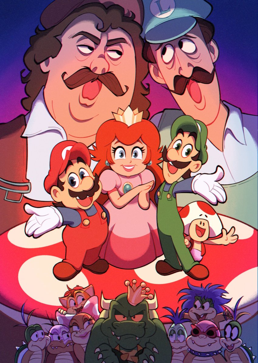 blouse blue_shirt bowser bracelet brown_hair collar commentary crossed_arms crown dettlefff dress english_commentary facial_hair fangs gloves green_overalls hat highres horns iggy_koopa jewelry king_koopa koopalings larry_koopa lemmy_koopa looking_at_viewer ludwig_von_koopa luigi mario mario_(series) mini_crown morton_koopa_jr. mustache nintendo overalls pink_dress princess_peach red_overalls roy_koopa shirt smile spiked_bracelet spiked_collar spiked_shell spikes super_mario_bros._3 teeth the_adventures_of_super_mario_bros._3 the_super_mario_bros._super_show! toad_(mario) upper_teeth_only wendy_o._koopa white_gloves