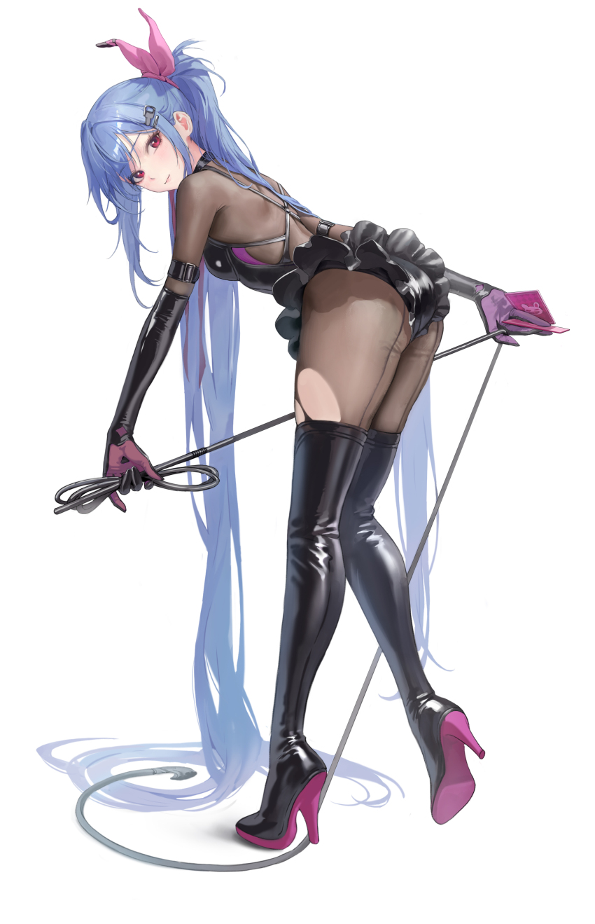 1girl absurdly_long_hair absurdres allen_m._sumner_(azur_lane) allen_m._sumner_(two_faces_of_justice)_(azur_lane) ass azur_lane back-seamed_legwear bangsom black_bodysuit black_gloves black_leotard blue_hair bodysuit bodysuit_under_clothes boots card closed_mouth colored_shoe_soles elbow_gloves frilled_leotard frills from_side full_body gloves hair_spread_out high_heel_boots high_heels highres holding holding_card holding_whip leaning_forward leg_up leotard long_hair looking_at_viewer looking_to_the_side official_alternate_costume ponytail purple_gloves red_eyes seamed_legwear shiny_clothes sidelocks simple_background solo thigh_boots torn_bodysuit torn_clothes two-sided_gloves two-tone_gloves very_long_hair whip white_background