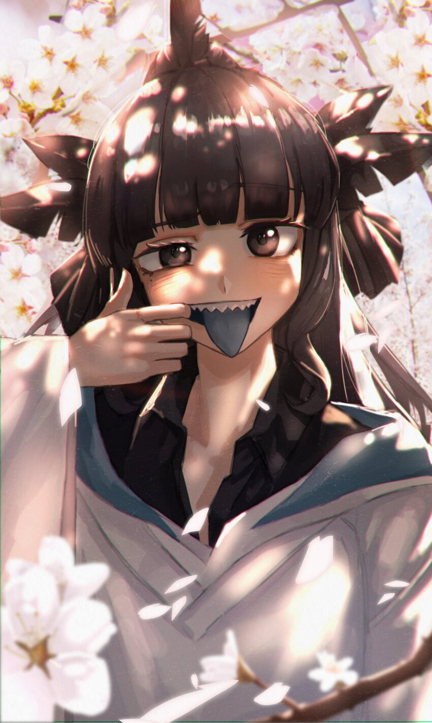 1girl absurdres artemis_of_the_blue atelier_live black_eyes black_hair black_ribbon black_shirt blue_tongue blunt_bangs collared_shirt colored_tongue commentary deuljjugnaljjug falling_petals finger_in_own_mouth flower hair_ribbon highres hood hood_down hoodie layered_clothes long_hair mole mole_under_eye petals ribbon shark_fin shark_girl sharp_teeth shirt solo symbol-only_commentary teeth virtual_youtuber wavy_sidelocks white_flower white_hoodie
