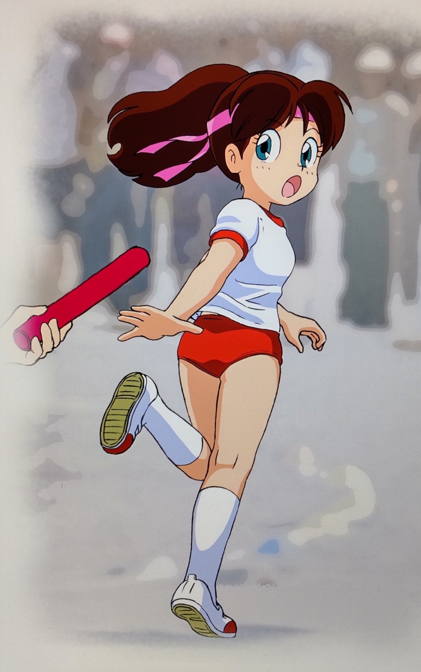1girl :o ass bare_legs blue_eyes brown_hair buruma child elementary_school_age from_behind genji_tsuushin_agedama gym gym_shirt gym_shorts gym_uniform heike_ibuki highres kneepits legs looking_back official_art open_mouth running school_uniform shirt shoes short_sleeves shorts sneakers socks sports_festival sportswear t-shirt tenpuraken