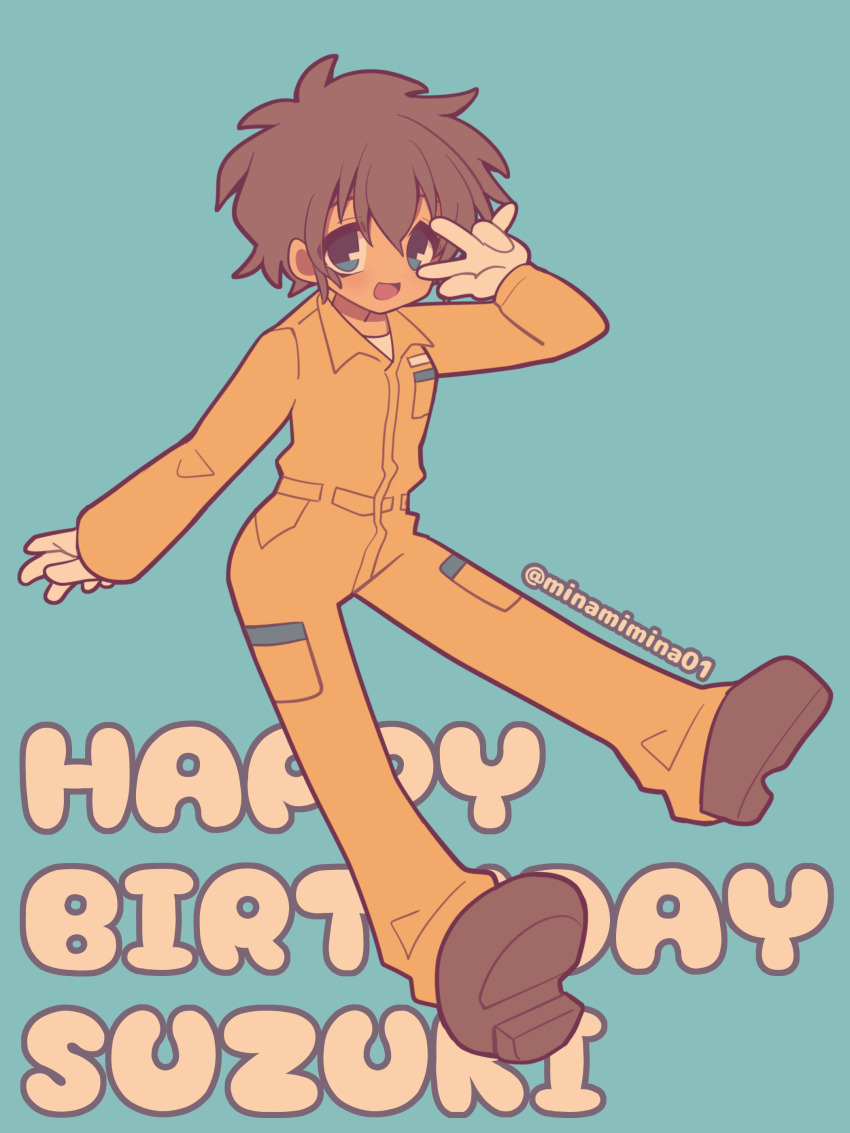 1girl absurdres birthday black_shoes blue_background blue_eyes brown_hair character_name commentary dark-skinned_female dark_skin english_text floating girls_und_panzer gloves happy_birthday highres jumpsuit long_sleeves looking_at_viewer mechanic minami_mina open_mouth orange_jumpsuit shoes short_hair simple_background smile solo suzuki_(girls_und_panzer) text_background twitter_username v v_over_eye white_gloves