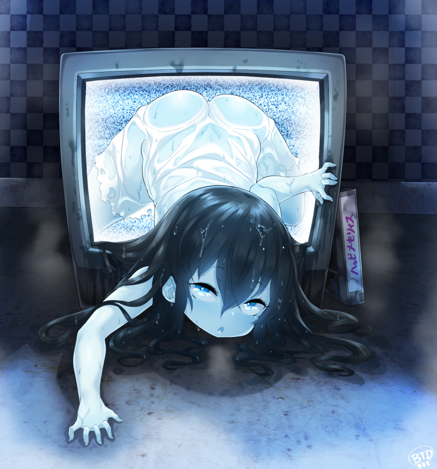 1girl all_fours ass bad_id bad_pixiv_id black_hair blue_eyes born-to-die dress female_focus highres legs_apart loli long_hair looking_at_viewer pale_skin see-through_clothes solo static television the_ring through_medium through_screen top-down_bottom-up translated videocassette wet wet_clothes wet_dress wet_hair white_dress yamamura_sadako