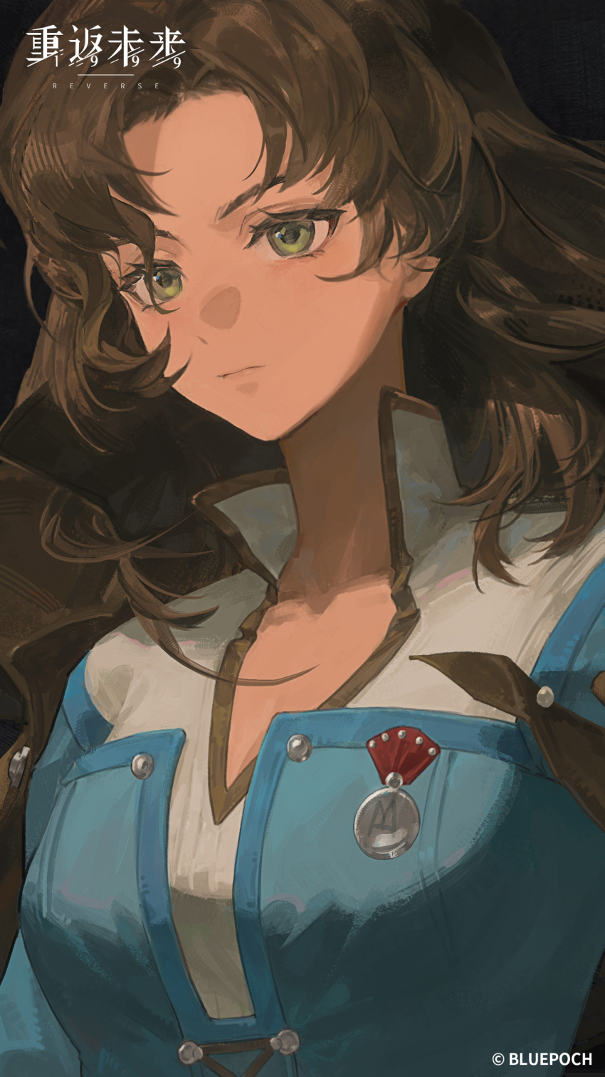 1girl absurdres badge black_background black_hair blue_shirt closed_mouth copyright_name copyright_notice green_eyes highres logo long_hair looking_at_viewer moldir_(reverse:1999) official_art official_wallpaper parted_bangs reverse:1999 shirt solo upper_body