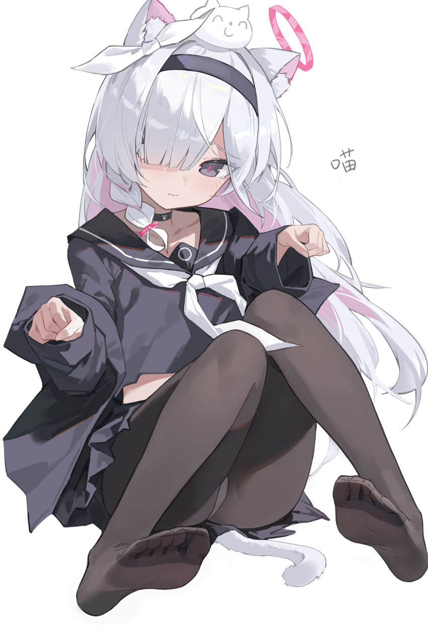 1girl absurdres animal_ear_fluff animal_ears black_choker black_coat black_eyes black_hairband black_pantyhose black_sailor_collar black_serafuku black_shirt black_skirt blue_archive blush braid cat_ears cat_girl cat_tail choker coat collarbone colored_inner_hair crying crying_with_eyes_open dot_nose embarrassed fang5hine feet full_body hair_between_eyes hair_over_one_eye hair_ribbon hairband halo hands_up highres kemonomimi_mode knees_together_feet_apart knees_up legs loli long_hair long_sleeves looking_at_viewer multicolored_hair neckerchief no_shoes one_eye_covered open_clothes open_coat panties panties_under_pantyhose pantyhose paw_pose pink_hair plana_(blue_archive) pleated_skirt red_halo red_pupils ribbon sailor_collar school_uniform serafuku shirt simple_background single_braid sitting skirt solo split_mouth tail tears thighs toes underwear very_long_hair white_background white_hair white_neckerchief white_panties white_ribbon