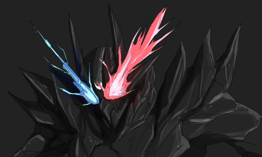 1boy armor black_armor black_background black_horns blue_eyes compound_eyes hazard_trigger heterochromia horns kamen_rider kamen_rider_build kamen_rider_build_(series) kyoutasab male_focus rabbit+tank_form rabbit+tank_form_(black_hazard) red_eyes science_fiction shoulder_armor shoulder_spikes solo spikes stylistic upper_body