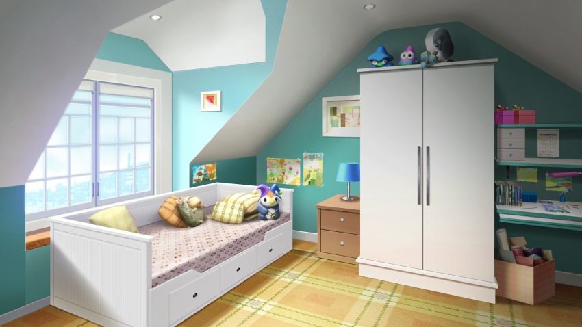 apartment bed bedroom book box calendar_(object) cardboard_box carpet chest_of_drawers day desk_lamp drawer gift highres indoors lamp no_humans non-web_source official_art our_life:_beginnings_and_always photo_(object) pillow scenery stuffed_toy variant_set wardrobe_malfunction window window_blinds