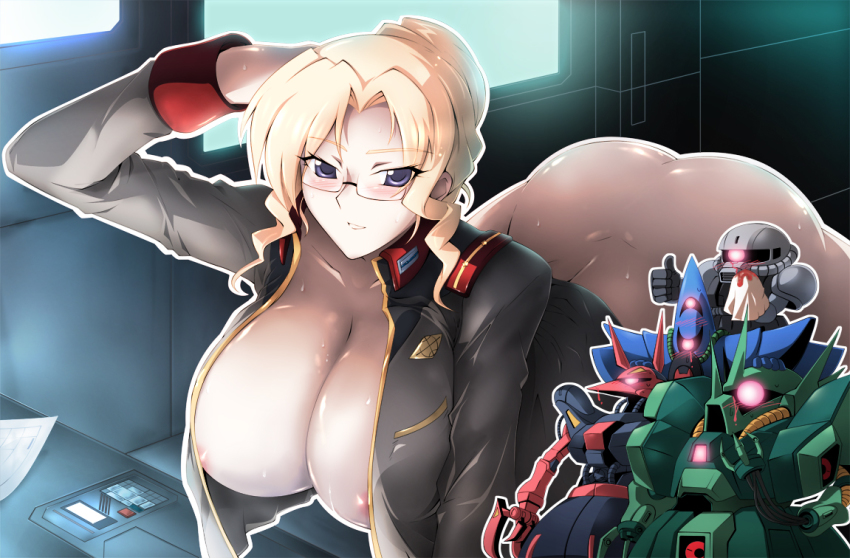 1girl ass baund_doc blonde_hair blood blue_eyes blush bottomless breasts cleavage collarbone dimples_of_venus female_focus glasses gundam haganef hambrabi hamma_hamma huge_breasts mecha nipple_slip nipples nosebleed open_clothes operator_type_d robot sd_gundam sd_gundam_online solo thumbs_up uniform zaku zaku_ii zaku_trainer