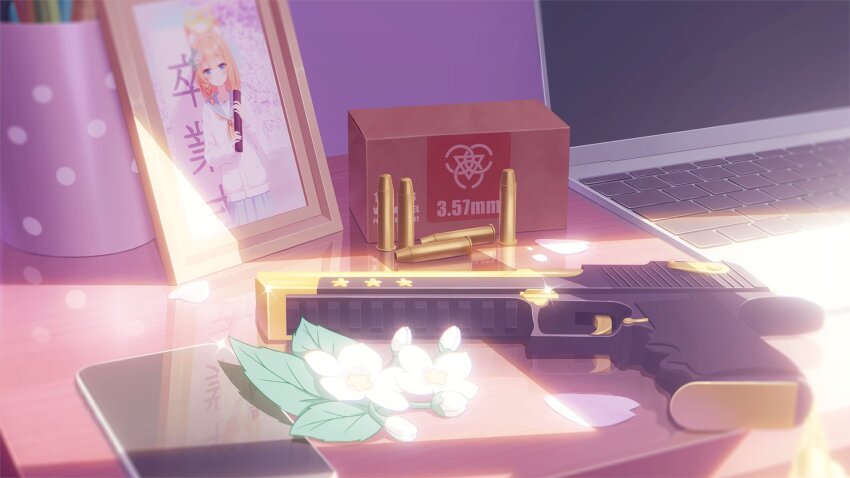1girl alternate_costume ammunition_box animal_ear_fluff animal_ears blue_archive blue_eyes blue_sailor_collar blue_skirt blush box braid cardboard_box cardigan cartridge cat_ears cat_girl cellphone computer cup desert_eagle flower glint graduation gun hair_flower hair_ornament halo handgun handgun_cartridge highres holding holding_tube indoors laptop long_sleeves mari_(blue_archive) medium_hair neckerchief orange_hair petals phone photo_(object) picture_frame pleated_skirt sailor_collar scenery school_uniform sidelighting skirt smartphone smile solo still_life table tube weapon weapon_focus white_cardigan white_flower window_shadow yellow_halo yellow_neckerchief yuma_(lyq_yume)