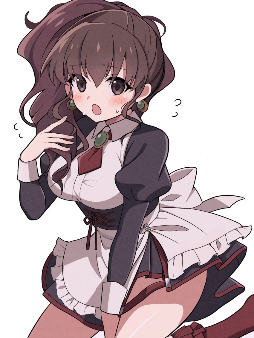 1girl apron between_legs black_dress black_sleeves breasts brown_eyes brown_hair collared_dress cosplay dress earrings frown hair_between_eyes hand_between_legs hand_up high_ponytail highres jewelry juliet_sleeves kneeling long_sleeves looking_at_viewer maid maid_apron medium_breasts necktie niyane open_mouth ponytail puffy_sleeves red_footwear red_necktie shannon_(umineko) shannon_(umineko)_(cosplay) side_ponytail simple_background solo sweatdrop umineko_no_naku_koro_ni ushiromiya_natsuhi waist_apron wavy_hair white_apron white_background