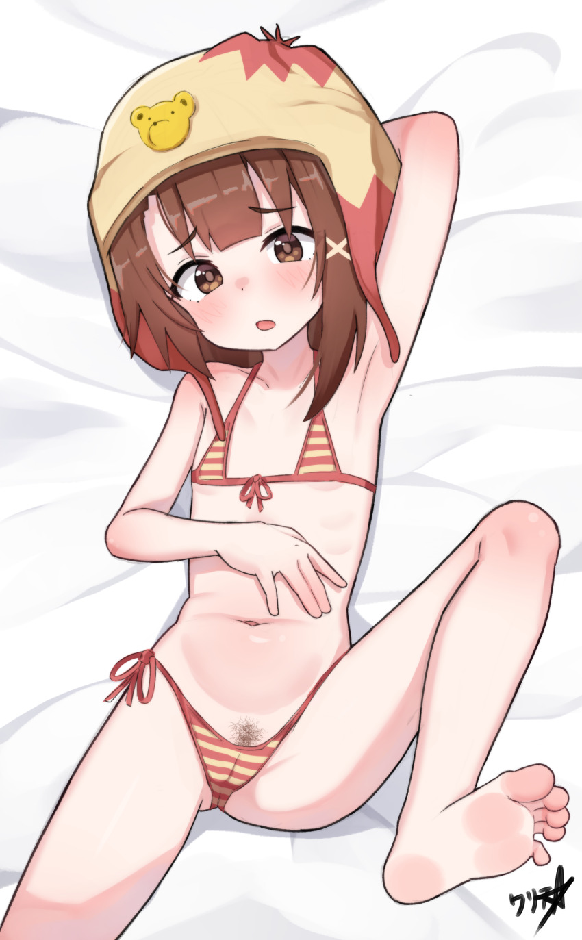 1girl absurdres armpits barefoot bikini boppin brown_eyes brown_hair cameltoe commentary commission female_pubic_hair flat_chest foot_out_of_frame front-tie_bikini_top front-tie_top hat highres iwakura_lain loli looking_at_viewer lying medium_hair navel on_back open_mouth pubic_hair red_bikini serial_experiments_lain side-tie_bikini_bottom soles solo striped_bikini striped_clothes swimsuit toes