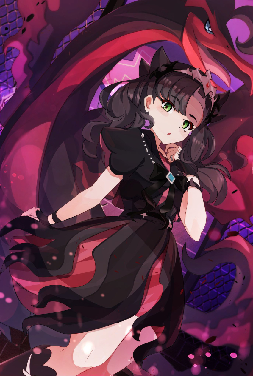 1girl :o bird black_dress black_hair dress fingerless_gloves galarian_form galarian_moltres gen_8_pokemon gloves green_eyes hand_up highres jewelry legendary_pokemon long_hair looking_at_viewer marnie_(champion)_(pokemon) marnie_(pokemon) nintendo official_alternate_costume open_mouth pokemon pokemon_(creature) pokemon_masters_ex ring tiara tongue twintails umiru wavy_hair