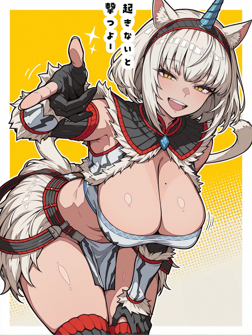 adjusting_clothes adjusting_panties animal_ears armor belt blush breasts cleavage gauntlet gloves hair_ornament highres horns inakamonor kirin kirin_(armor) looking_at_viewer midriff monster_hunter_(series) panties pelvic_curtain pointing pointing_at_viewer tail thighhighs thighs underwear white_hair yellow_eyes
