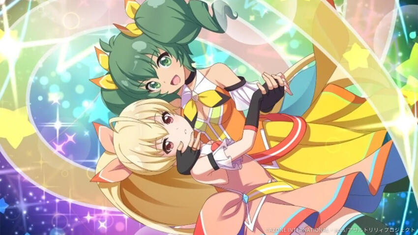 2girls andou_tazusa assault_lily blonde_hair dress frilled_dress frills game_cg green_eyes green_hair hair_ornament hand_on_another&#039;s_chin holding_hands hug long_hair magical_girl multiple_girls official_art red_eyes short_hair smile thighhighs twintails yoshimura_thi_mai yuri