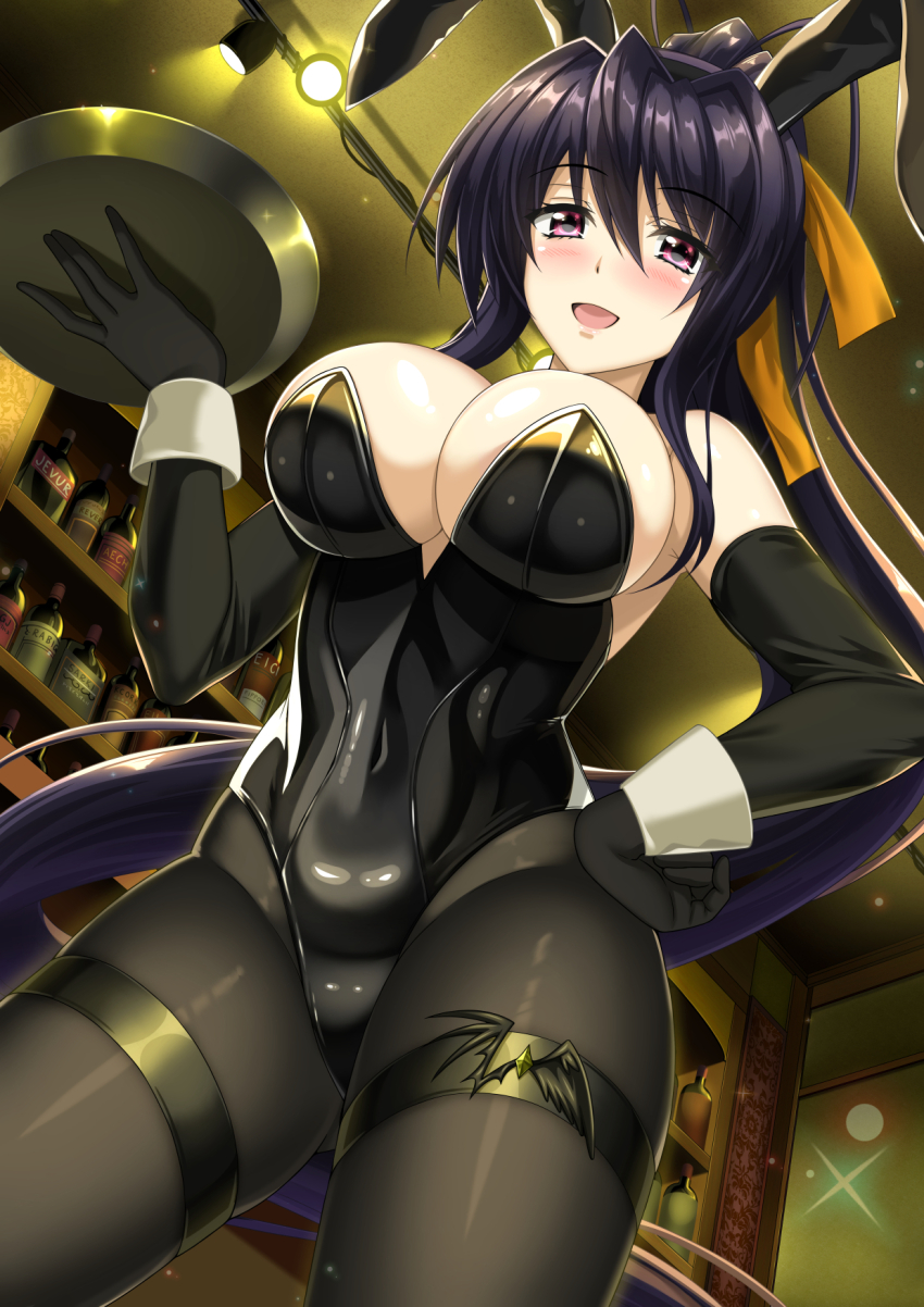 1girl :d alcohol animal_ears antenna_hair asymmetrical_wings bar_(place) black_gloves black_hair black_leotard black_pantyhose blush bottle breasts ceiling_light chinese_zodiac cleavage covered_navel elbow_gloves fake_animal_ears female_focus floating_hair from_below gloves hair_between_eyes hair_ribbon high_ponytail high_school_dxd highleg highleg_leotard highres himejima_akeno holding holding_tray large_breasts leotard long_hair looking_at_viewer mismatched_wings open_mouth orange_ribbon pantyhose playboy_bunny ponytail purple_eyes rabbit_ears ribbon shelf shibata_rai skindentation smile solo strapless strapless_leotard thick_thighs thigh_strap thighs tray very_long_hair wings wrist_cuffs year_of_the_rabbit