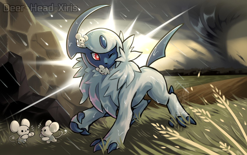 absol animal_focus artist_name bright_pupils cave commentary deer-head-xiris english_commentary father_and_child field full_body gen_3_pokemon looking_back maushold maushold_(family_of_four) mother_and_child mouth_hold nintendo no_humans one_eye_closed outdoors overcast parent_and_child pokemon pokemon_(creature) rain red_eyes rescue sky tornado wet white_pupils