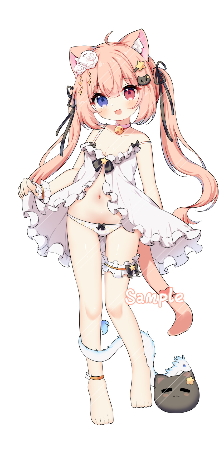 1girl :3 absurdres ahoge animal_ear_fluff animal_ears anklet babydoll barefoot bell black_ribbon bow bow_panties breasts cat_ears cat_girl cat_tail chinese_commentary cleavage collar commentary commission fang feet garter_straps haircliup heterochromia highres jewelry jingle_bell loli long_hair looking_at_viewer navel neck_bell open_mouth original panties pink_hair ribbon sample_watermark single_garter_strap small_breasts smile standing stomach tail thighs tian_yang toes twintails underwear underwear_only watermark white_babydoll white_panties