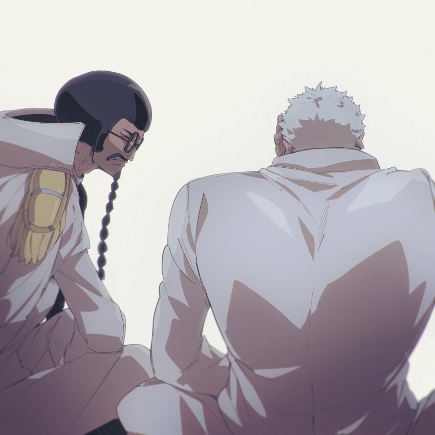 2boys beard black_hair closed_mouth coat coat_on_shoulders facial_hair formal_clothes glass grey_hair hand_on_own_face highres jacket male_focus monkey_d._garp multiple_boys musical_note old old_man one_piece ovasayuri pants sengoku_(one_piece) short_hair simple_background sitting suit twitter_username watermark white_background white_jacket white_pants white_suit