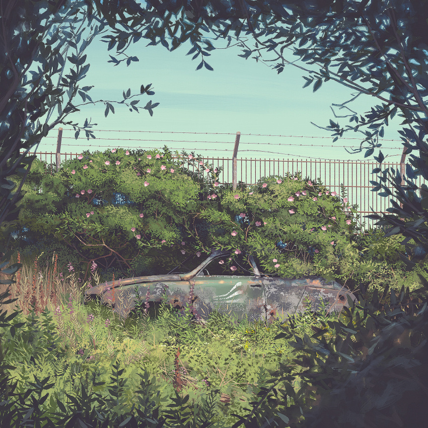 abandoned barbed_wire bush car day fence grass highres leaf motor_vehicle nature no_humans outdoors plant rust scenery simon_stalenhag sky swedish_machines tree