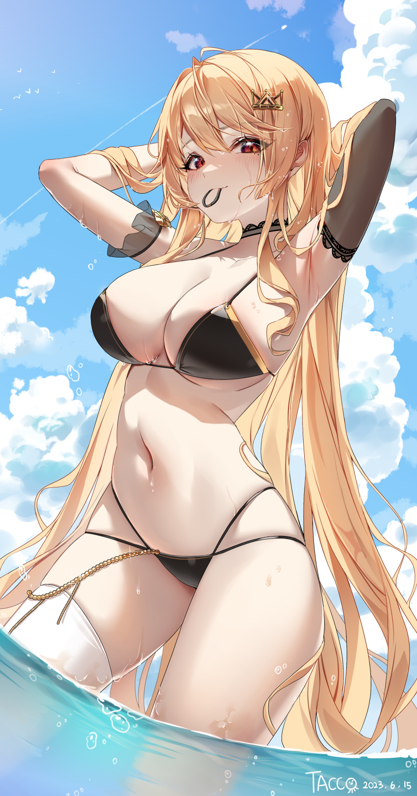 1girl absurdres arm_warmers armpits arms_behind_head arms_up bare_shoulders beads bikini black_bikini black_choker blonde_hair breasts choker cleavage commission cream_(cream) crown_hair_ornament day hair_ornament hair_tie_in_mouth hairclip halterneck highleg highleg_bikini highres large_breasts long_hair looking_at_viewer mole mole_under_eye mouth_hold multi-strapped_bikini navel original outdoors red_eyes second-party_source single_arm_warmer single_thighhigh skindentation smile solo standing stomach string_bikini swimsuit tacco_(tikeworld) thighhighs thighs very_long_hair wading water wet white_thighhighs