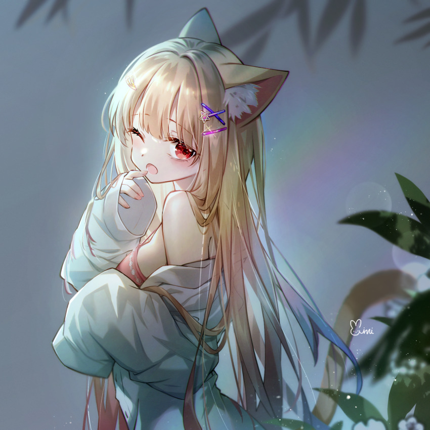 1girl ;o animal_ears bare_shoulders blonde_hair cat_ears cat_girl cat_tail commission danby_merong hair_ornament hairclip hand_up highres long_hair long_sleeves looking_at_viewer looking_to_the_side nail_polish off_shoulder one_eye_closed open_mouth original pink_nails red_eyes shirt signature sleeves_past_wrists solo tail tail_raised very_long_hair white_shirt x_hair_ornament