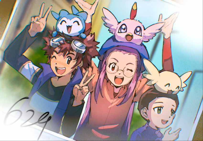 chibimon digimon digimon_adventure_02 glasses hida_iori highres inoue_miyako long_hair motomiya_daisuke orange_eyes pink_hair poromon upamon