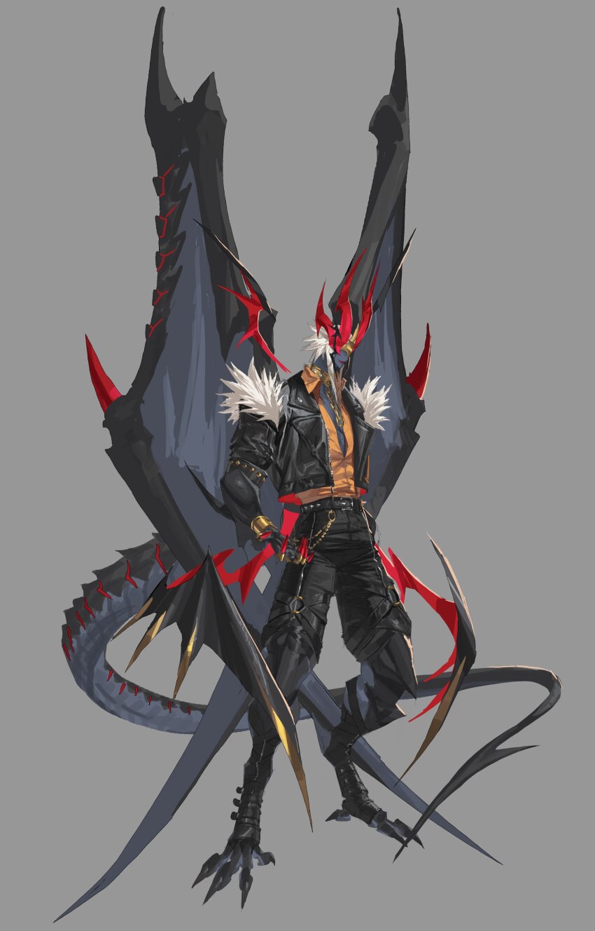 1boy absurdres animal_feet belt wallet_chain black_jacket black_pants black_skin black_wings bracelet chain claws collar collared_jacket collared_shirt colored_skin colored_teeth digitigrade dragon_boy dragon_horns dragon_tail dragon_wings facing_to_the_side full_body fur-trimmed_jacket fur-trimmed_sleeves fur_trim grey_background grey_skin grey_wings grin highres horns jacket jewelry leather leather_jacket leviair light_brown_hair male_focus medium_hair metal_collar monster_boy multiple_horns multiple_wings open_clothes open_jacket orange_shirt original pants plunging_neckline red_horns red_teeth sharp_teeth shirt simple_background smile solo standing studded_belt studded_collar tail teeth toeless_legwear wings