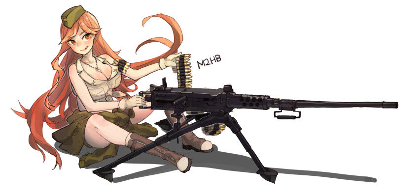 .50_bmg 1girl ammunition ammunition_belt anti-materiel_cartridge bandolier belt blonde_hair blush boots breasts brown_boots browning_m2 bullet cartridge cleavage closed_mouth clothes_around_waist collared_shirt crew-served_weapon dog_tags front-tie_top garrison_cap girls&#039;_frontline gloves green_sweater gun hat heavy_machine_gun highres hmg_cartridge large_breasts long_hair m2hb_(girls&#039;_frontline) m9_link machine_gun magnum_cartridge match_grade_ammunition midriff military_cartridge miyajo navel red_eyes rifle_cartridge shadow shirt sitting sleeveless sleeveless_shirt smile solo supersonic_ammunition sweater sweater_around_waist tongue tongue_out tripod very_long_hair weapon white_background white_shirt