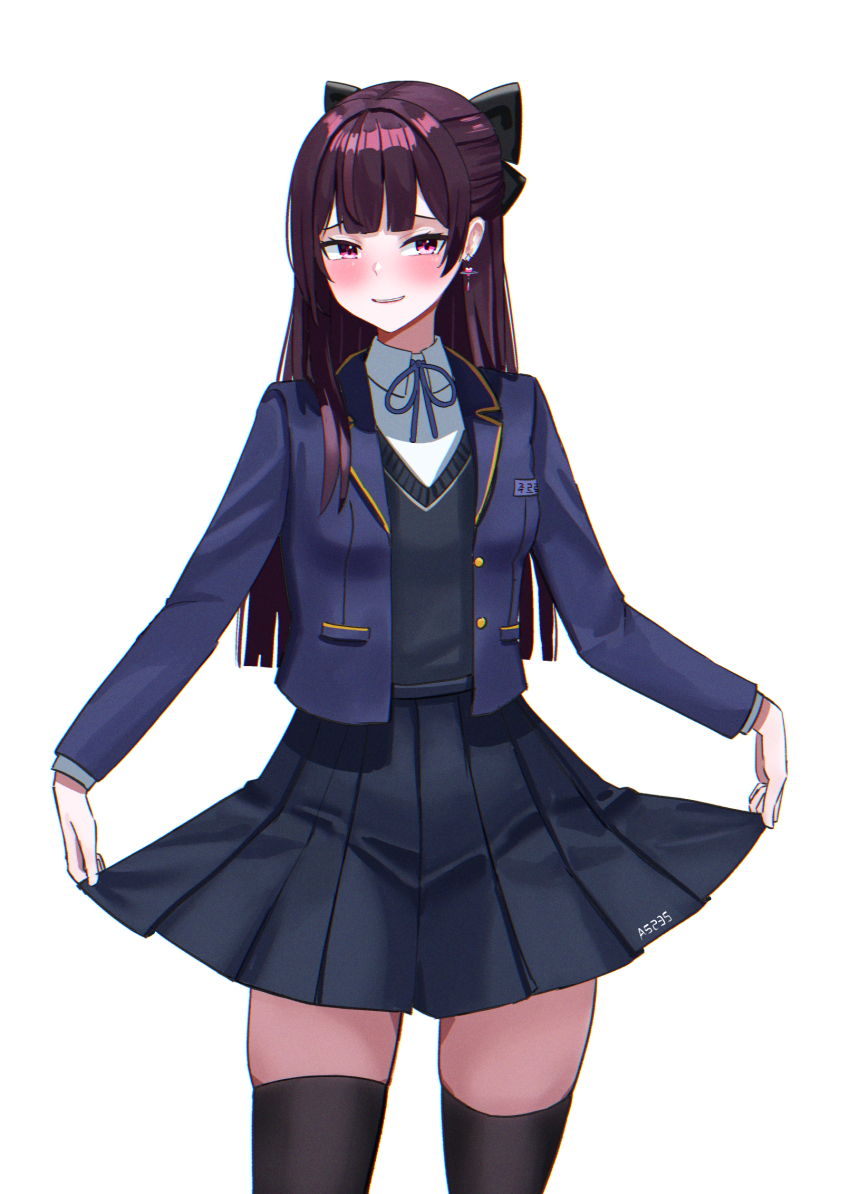 a5235 black_bow black_thighhighs black_vest blue_jacket bow collared_shirt earrings half_updo highres jacket jewelry jururu long_hair multicolored_hair neck pink_eyes pleated_skirt ribbon school_uniform shirt single_earring skirt thighhighs vest virtual_youtuber waktaverse white_shirt