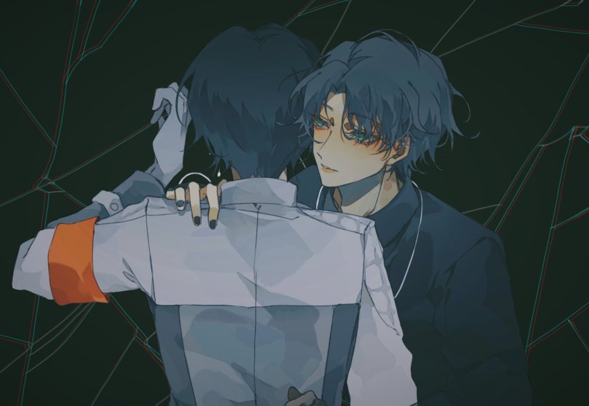 2boys absurdres aqua_eyes armband black_background black_hair black_nails black_shirt bracelet broken_glass clothes_grab crying cyuer11 darkness evil_grin evil_smile facing_away fenix_uniform glass gloves goth_fashion green_eyes grin highres holding igarashi_daiji imminent_hug jewelry kagerou_(kamen_rider_revice) kamen_rider kamen_rider_revice light male_focus military military_uniform multiple_boys multiple_rings nail_polish ring sad shirt shirt_grab smile stamp_mark upper_body vistamp weapon white_gloves