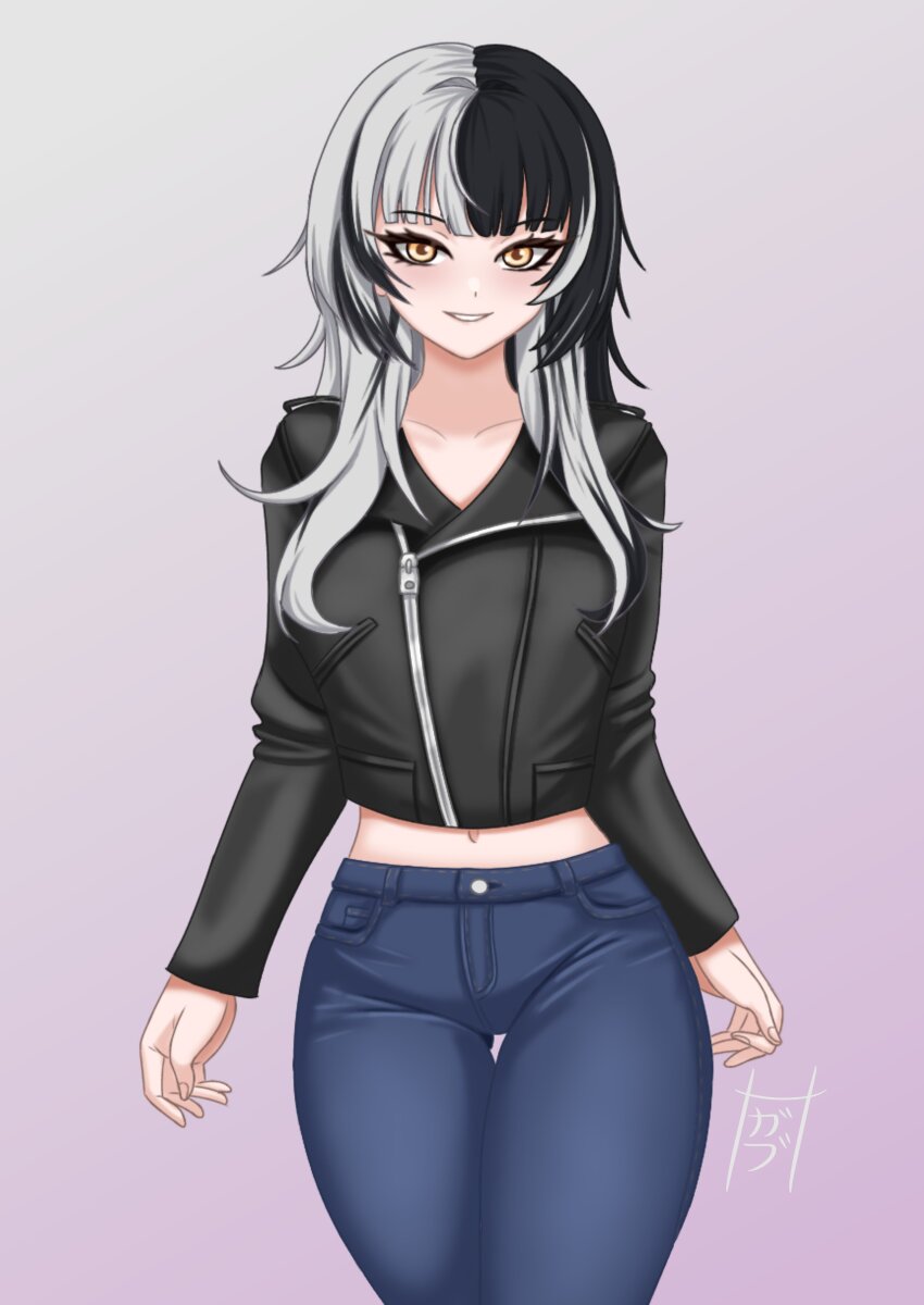 1girl absurdres black_hair black_jacket blue_pants commentary denim english_commentary gradient_background grey_background grey_hair highres hololive hololive_english jacket jeans leather leather_jacket long_hair looking_at_viewer majin_gabuu multicolored_hair navel pants pink_background shiori_novella solo split-color_hair two-tone_hair virtual_youtuber yellow_eyes