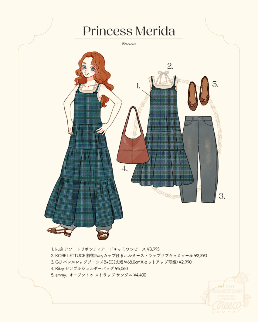 1girl alternate_costume animification bag blue_eyes brave_(pixar) character_name contemporary copyright_name curly_hair dress highres long_hair looking_at_viewer meecosme merida_(brave) orange_hair pants red_hair shoes smile translation_request
