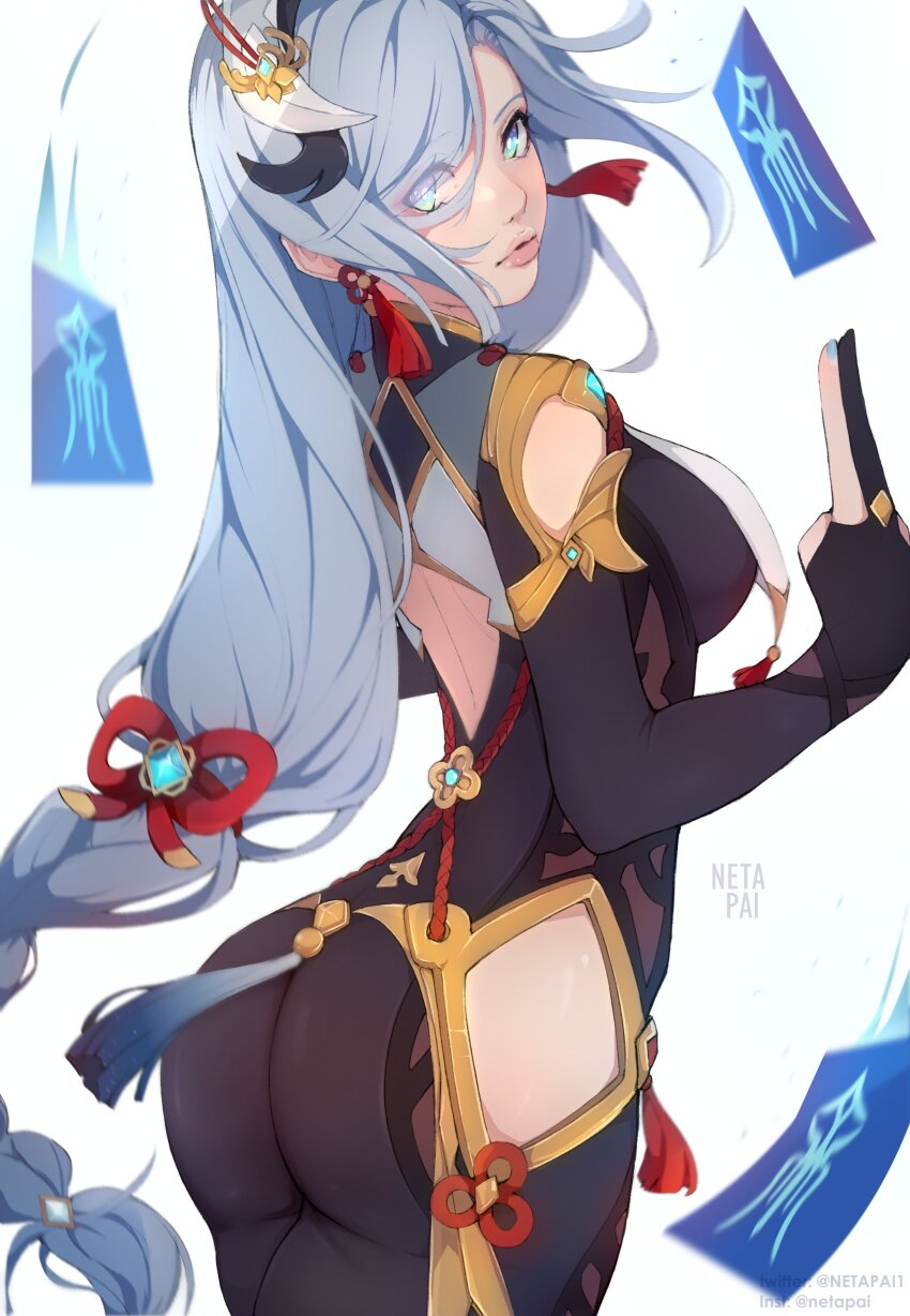 1girl absurdres artist_name ass back_cutout black_leotard blue_eyes bow breasts bright_pupils card clothing_cutout earrings eyes_visible_through_hair floating floating_object from_behind genshin_impact gloves grey_hair hair_bow hair_over_one_eye hand_up highres jewelry large_breasts leotard lips long_hair looking_back low-braided_long_hair low-tied_long_hair netapai1 nose parted_lips partially_fingerless_gloves shenhe_(genshin_impact) shoulder_cutout skindentation solo standing tassel tassel_earrings vision_(genshin_impact) waist_cutout white_pupils