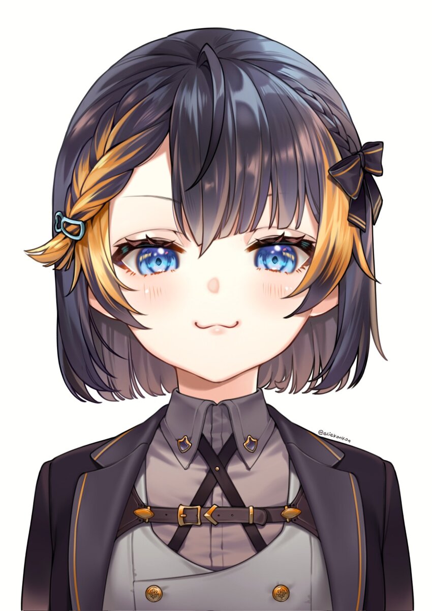 :3 ahoge artist_name black_hair blonde_hair blue_eyes blush bob_cut bow braid chest_belt cosplay eliekonkon formal_clothes hair_bow highres looking_at_viewer medium_hair multicolored_hair nijisanji nijisanji_en petra_gurin rosemi_lovelock rosemi_lovelock_(5th_costume) rosemi_lovelock_(5th_costume)_(cosplay) rosemi_lovelock_(cosplay) simple_background streaked_hair suit twitter_username virtual_youtuber white_background