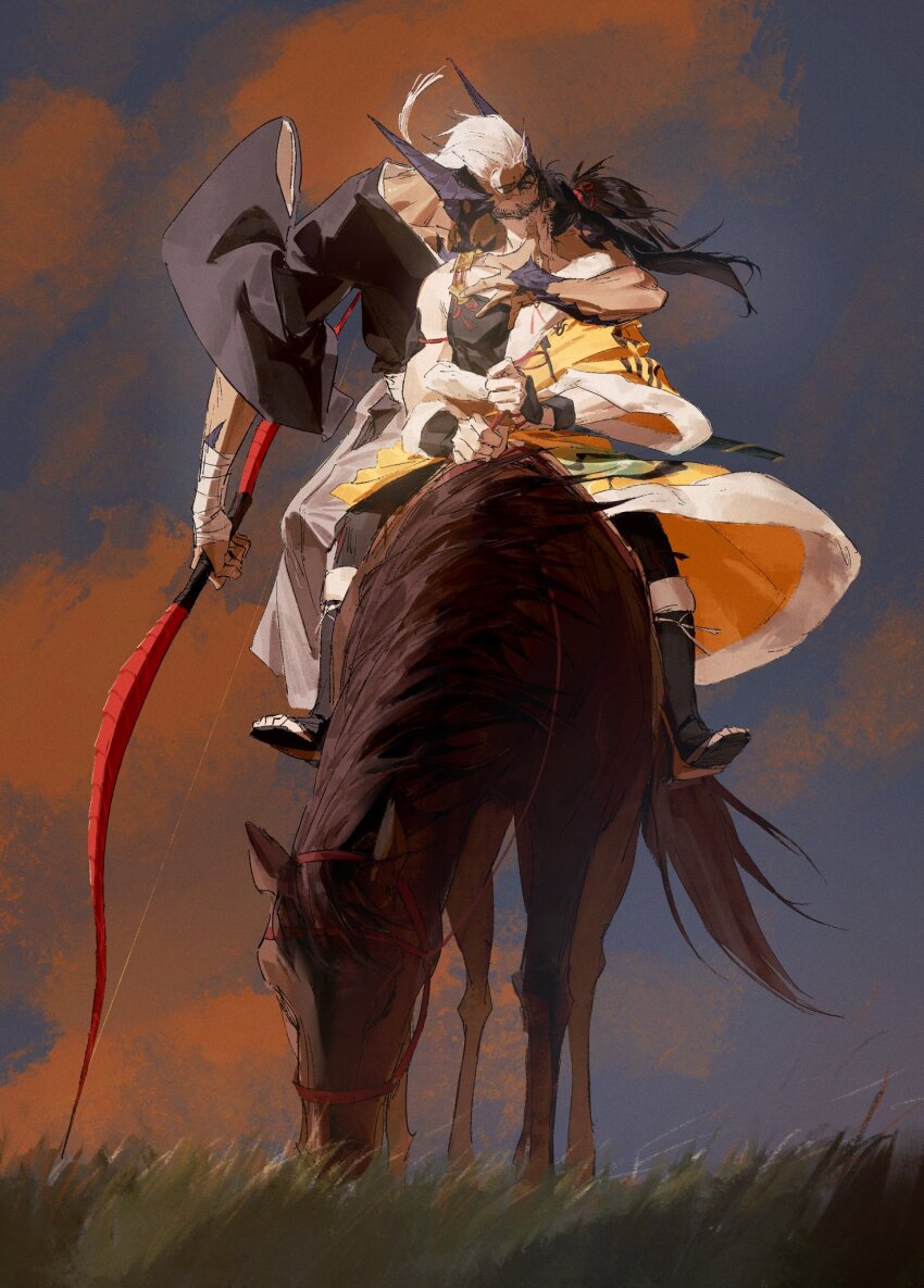 2boys animal arm_around_neck asymmetrical_clothes au_ra bandaged_arm bandages beard black_hair black_pants bow_(weapon) closed_eyes cloud commentary dark-skinned_male dark_skin dragon_boy dragon_horns facial_hair final_fantasy final_fantasy_xiv grass hair_ribbon hien_rijin highres holding holding_bow_(weapon) holding_reins holding_weapon horns horse horseback_riding hyur long_hair male_focus multiple_boys outdoors pants ponytail red_ribbon reins ribbon riding robe sandals scales shiyikuaiqingtai_(weibo7279846390) single_bare_shoulder sky warrior_of_light_(ff14) weapon white_hair yaoi yumi_(bow)