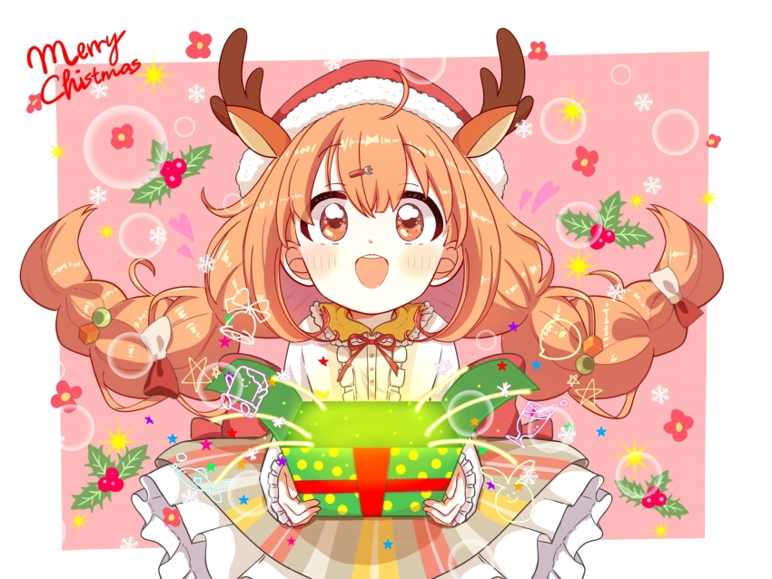 1girl animal_ears antlers baby_animal bird blush border bow box braid brown_eyes brown_skirt chick christmas christmas_present collared_shirt cube_hair_ornament deer_antlers deer_ears dress_shirt fake_animal_ears fake_antlers flat_chest fork_hair_ornament frilled_shirt_collar frilled_sleeves frills fur-trimmed_headwear fur_trim gift gift_box hair_bow hair_ornament hairpin hat highres holding holding_box horns kirara_tamako kirara_tamako_(1st_costume) long_hair long_sleeves looking_at_viewer low_twin_braids merry_christmas nijisanji omochi1555 open_mouth orange_hair petticoat red_ribbon ribbon santa_hat shirt skirt smile solo standing teeth twin_braids upper_body upper_teeth_only virtual_youtuber white_shirt