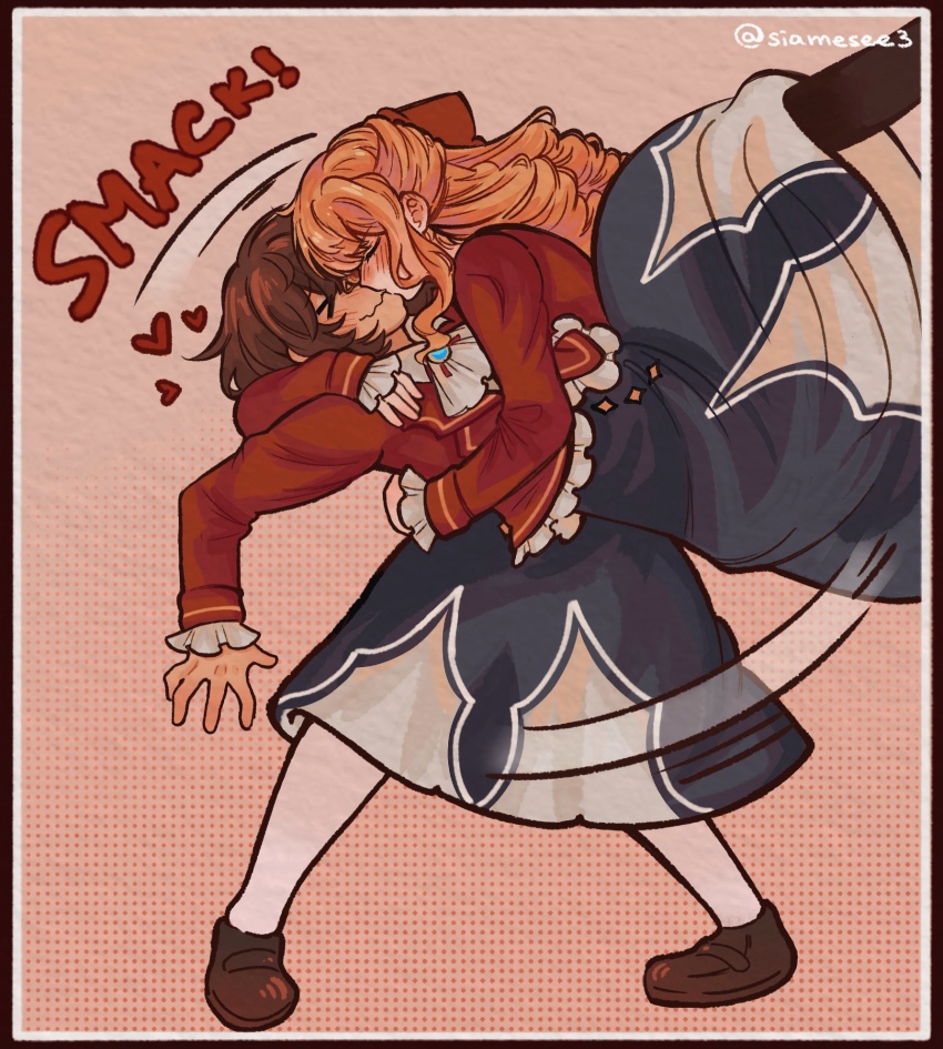 2girls archie blonde_hair blush brown_hair claire_francois closed_eyes closed_mouth comic_panel_redraw derivative_work english_text highres jacket long_hair looking_at_another meme multiple_girls pantyhose rae_taylor red_jacket shirt short_hair simple_background smile t4yl0r712 watashi_no_oshi_wa_akuyaku_reijou yuri
