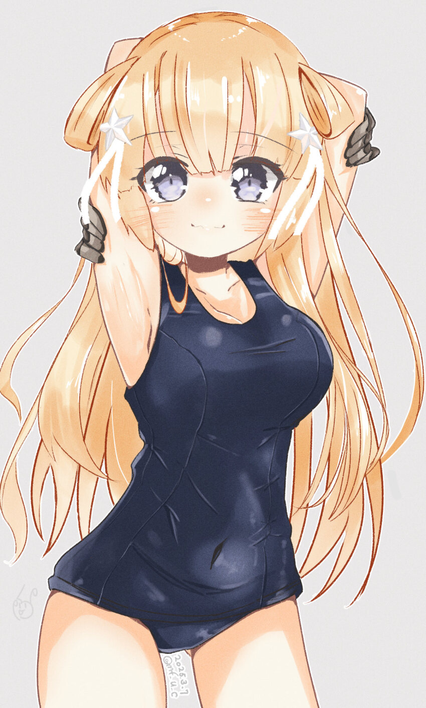 1girl arms_behind_head blonde_hair blue_one-piece_swimsuit blush breasts clothes_pull covered_navel double_bun fletcher_(kancolle) gluteal_fold grey_background hair_bun hair_ornament highres kantai_collection large_breasts long_hair looking_at_viewer mf_u_c old_school_swimsuit one-piece_swimsuit one-piece_swimsuit_pull school_swimsuit smile solo swimsuit