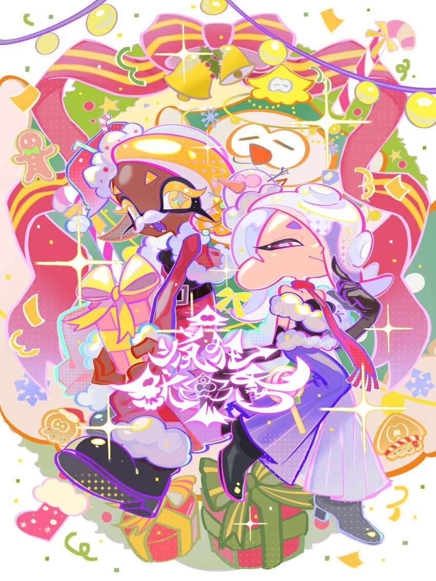 1boy 2girls alternate_costume alternate_hairstyle asymmetrical_bangs belt belt_buckle big_man_(splatoon) black_belt black_footwear black_gloves black_shirt blonde_hair blue_hair blue_pants boots box breasts buckle candy candy_cane cephalopod_eyes chinese_commentary christmas closed_mouth colored_eyelashes commentary_request cropped_jacket cross-shaped_pupils dark-skinned_female dark_skin elbow_gloves fake_facial_hair fake_mustache food frye_(splatoon) fur-trimmed_boots fur-trimmed_headwear fur-trimmed_jacket fur_trim gift gift_box gingerbread_man gloves grey_pupils hair_bun hair_ornament hair_over_one_eye hair_scrunchie hat highres holding holding_gift horizontal_pupils index_finger_raised inkling jacket long_eyelashes long_pointy_ears long_sleeves medium_hair multiple_girls nintendo octoling one_eye_covered pants pink_eyes pointy_ears red_hat red_jacket red_pants red_scarf santa_costume santa_hat scarf scrunchie shirt shiver_(splatoon) single_hair_bun smile splatoon_(series) splatoon_3 symbol-shaped_pupils tentacle_hair white_background xiaoyunatie yellow_eyes