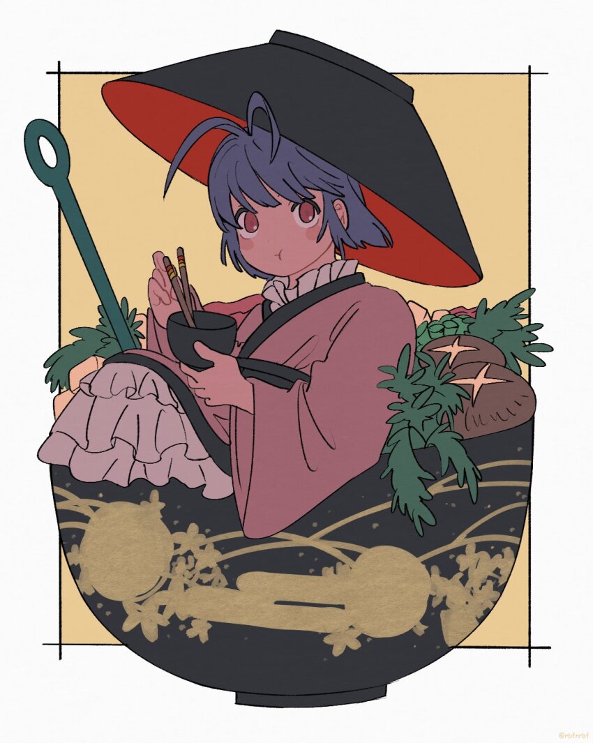 1girl antenna_hair black_hat border bowl bowl_hat chopsticks closed_mouth eating food hat highres holding holding_bowl in_bowl in_container in_food japanese_clothes kimono long_sleeves looking_at_viewer mini_person minigirl mushroom one-hour_drawing_challenge outside_border purple_hair rbfnrbf_(mandarin) red_eyes red_kimono shiitake short_hair sitting solo sukuna_shinmyoumaru touhou white_border wide_sleeves