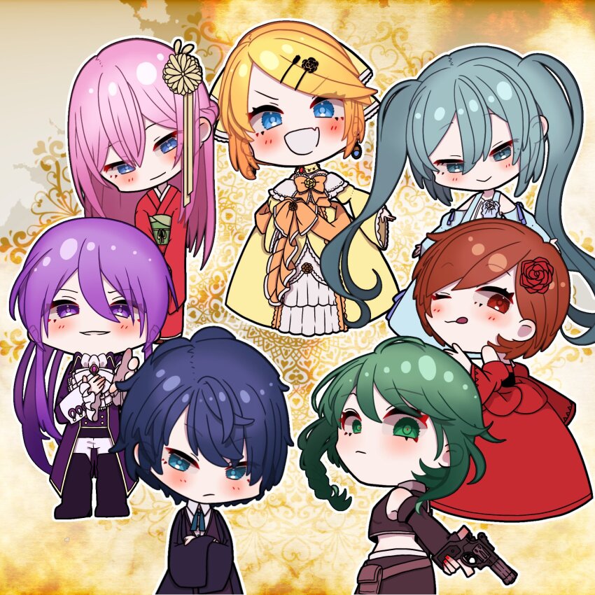 &gt;:) 2boys 5girls :d ;p aku_no_musume_(vocaloid) akujiki_musume_conchita_(vocaloid) akutoku_no_judgement_(vocaloid) aqua_eyes aqua_hair ascot bare_shoulders black_footwear black_robe blonde_hair blue_eyes blue_hair bow braid brown_hair buttons chibi clothing_cutout collared_shirt crop_top double-breasted dress dress_bow dress_flower dress_ribbon earrings elbow_gloves enbizaka_no_shitateya_(vocaloid) erifura evillious_nendaiki fang fingerless_gloves flower frilled_cuffs frilled_sleeves frills gallerian_marlon gloves green_eyes green_headwear green_sash grey_jacket grey_skirt gumi gun hair_between_eyes hair_bow hair_flower hair_ornament hairclip half-closed_eyes hand_on_own_chest handgun hatsune_miku head_tilt highres holding holding_gun holding_weapon holster jacket japanese_clothes jewelry judge kagamine_rin kaito_(vocaloid) kanzashi kimono licking_lips light_blue_dress light_blush long_hair long_sleeves meiko_(vocaloid) midriff multiple_boys multiple_girls nemesis_no_juukou_(vocaloid) nemesis_sudou nemurase_hime_kara_no_okurimono_(vocaloid) obi off-shoulder_dress off_shoulder one_eye_closed open_mouth orange_bow orange_ribbon pale_skin pants petticoat pink_hair ponytail princess purple_eyes purple_hair purple_jacket red_dress red_eyes red_flower red_kimono red_nails red_pupils red_rose revolver ribbon robe rose sash sateriasis_venomania shirt short_hair shoulder_cutout side_braid sidelocks skin_fang skirt sleeveless sleeveless_jacket smile swept_bangs tongue tongue_out twintails v-shaped_eyebrows venomania_kou_no_kyouki_(vocaloid) very_long_hair vocaloid wavy_hair weapon white_pants wide_sleeves yellow_bow yellow_dress