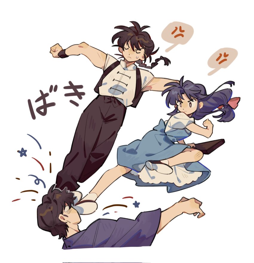1girl 2boys annoyed backpack bag blue_hair bow chinese_clothes closed_eyes closed_mouth fuurinkan_high_school_uniform highres kicking kunou_tatewaki multiple_boys ranma_1/2 red_bow saotome_ranma school_uniform simple_background siyer_(siyeyeyeyer) tangzhuang tendou_akane