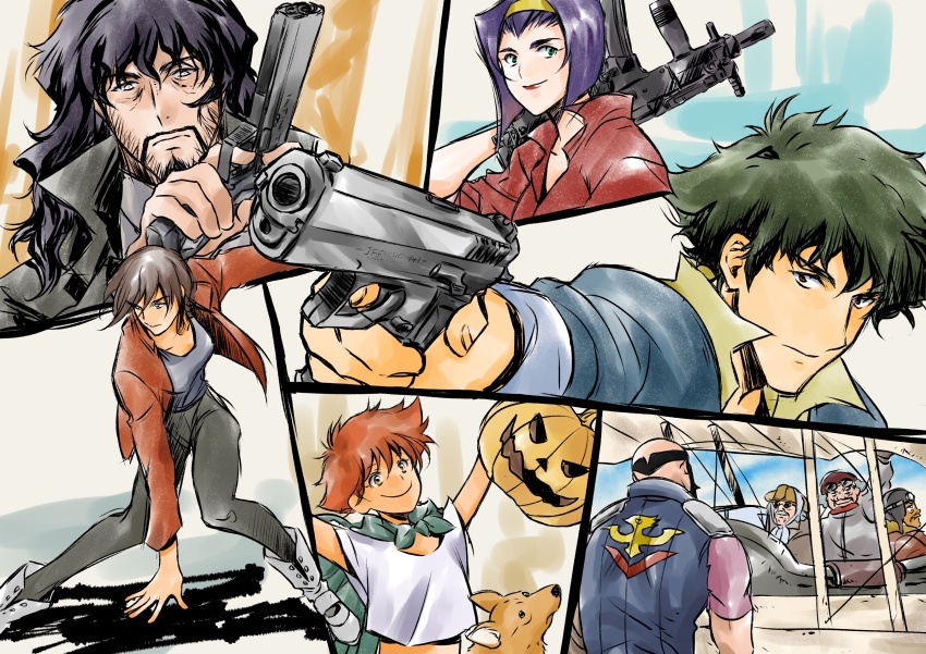absurdres beard breasts child cowboy_bebop cowboy_bebop:_knockin&#039;_on_heaven&#039;s_door edward_wong_hau_pepelu_tivrusky_iv ein_(cowboy_bebop) electra_ovilo facial_hair faye_valentine gun hairband halloween highres holding holding_gun holding_weapon jack-o&#039;-lantern jet_black medium_breasts purple_hair smile spike_spiegel tobalin vincent_volaju weapon welsh_corgi yellow_hairband