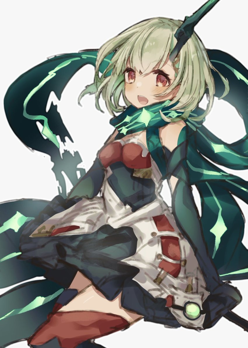 1girl blush dress elbow_gloves gloves green_gloves green_hair hair_ornament happy highres little_match_girl_(sinoalice) looking_at_viewer merry-san open_mouth red_eyes scarf sinoalice sketch solo teeth thighhighs upper_teeth_only white_background zettai_ryouiki