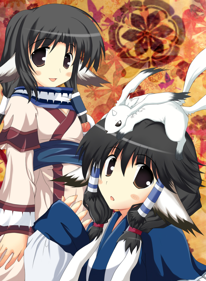 00s 2girls :d :o animal animal_ears animal_on_head aruruu bad_id bad_pixiv_id black_eyes black_hair blush_stickers breasts brown_eyes creature dog_ears eruruu flipped_hair from_side gachatara hair_between_eyes hair_ornament hair_over_shoulder hair_tie hair_tubes happy highres horns japanese_clothes jewelry jiguzaguderuta kimono layered_sleeves long_hair long_sleeves looking_at_viewer low_ponytail low_twintails mottsun_(jiguzaguderuta) multiple_girls multiple_tails on_head open_mouth orange_background ponytail ring sash siblings sidelocks single_horn sisters small_breasts smile striped surprised tail twintails utawarerumono