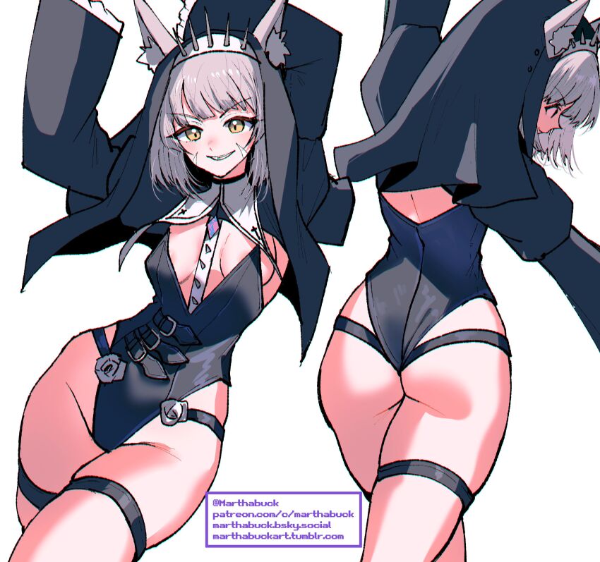 1girl absurdres alternate_costume animal_ears areola_slip artist_name ass black_leotard bluesky_username breasts cat_ears cat_girl coif commentary english_commentary grey_hair groin highleg highleg_leotard highres leotard looking_at_viewer marthabucks medium_breasts multiple_views nia_(blade)_(xenoblade) nia_(xenoblade) nun paid_reward_available patreon_username skindentation smile standing thigh_strap tumblr_username twitter_username xenoblade_chronicles_(series) xenoblade_chronicles_2 yellow_eyes
